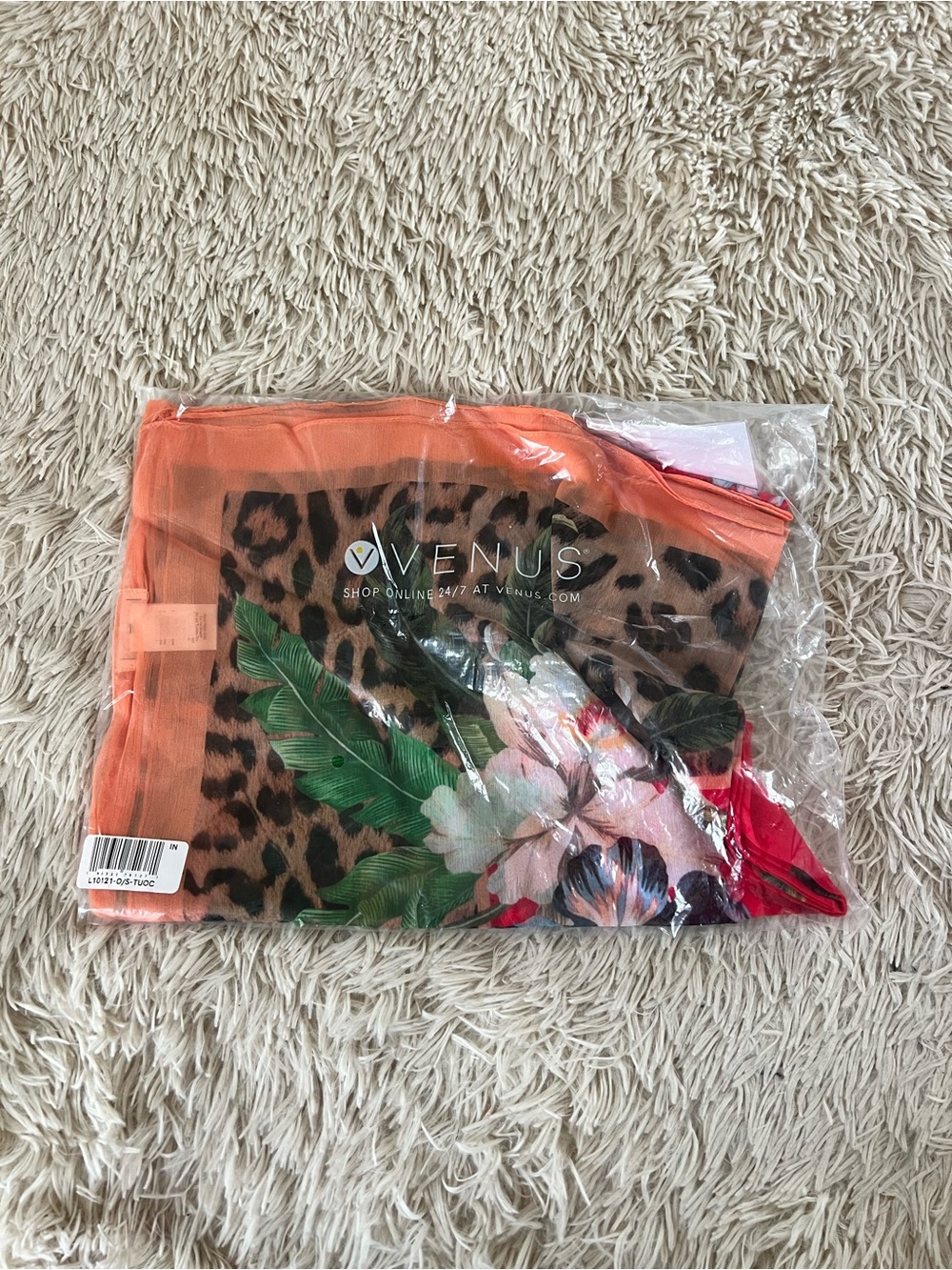 VENUS Orange Border Leopard & Floral Print Scarf